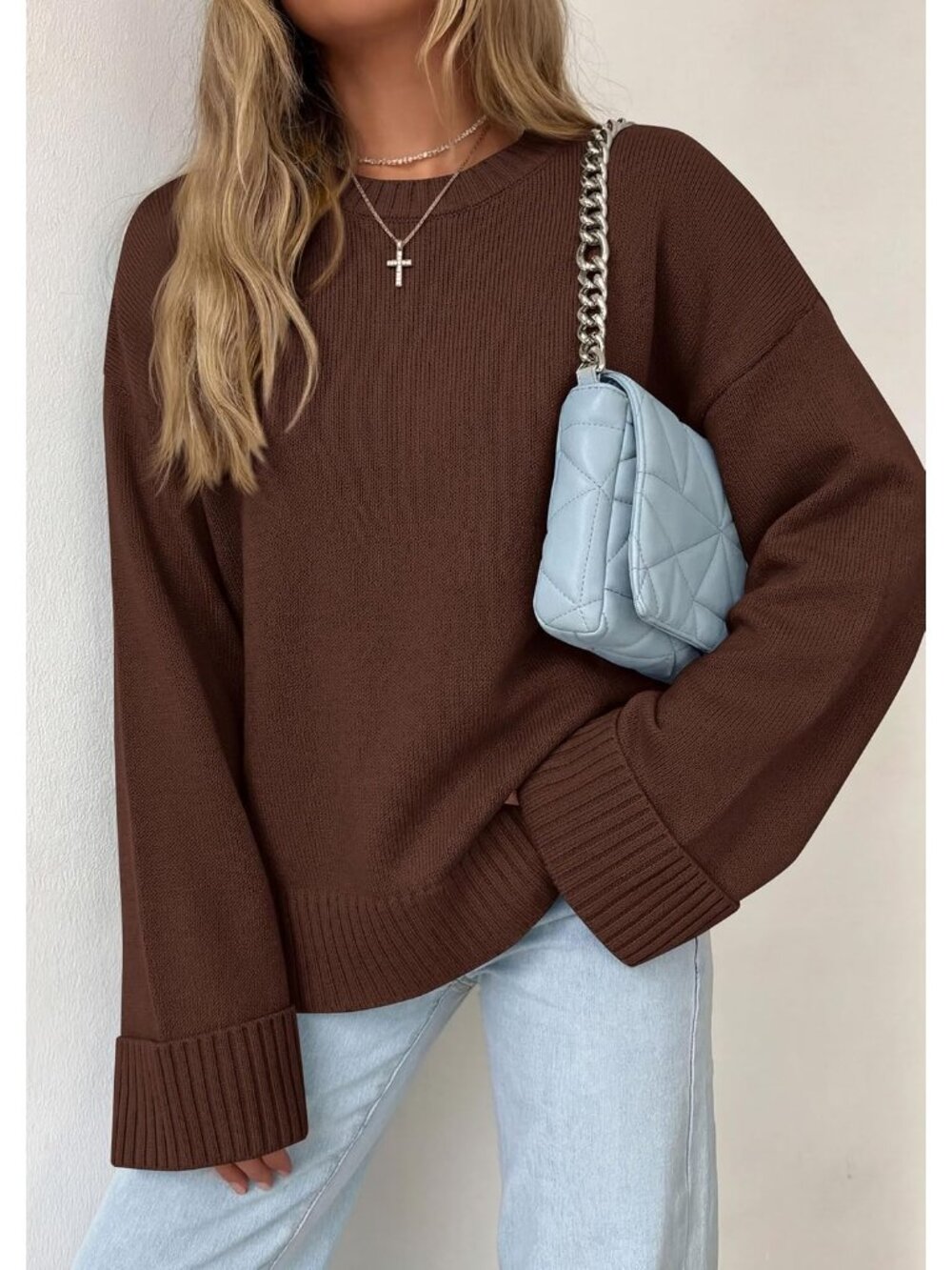 Women's Brown Crewneck Long Sleeve Solid Ribbed Knit Top Oversized Fall Sweater - Picture 6 of 6
